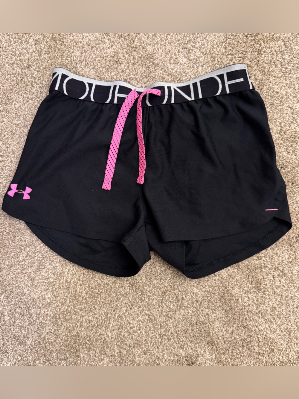 Under Armour Black Athletic Shorts with Pink Drawstring and Logo